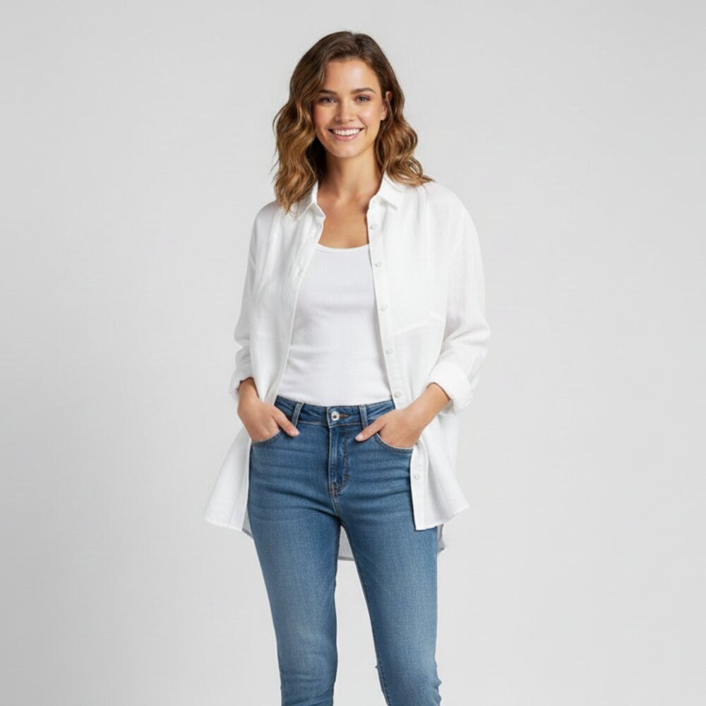 Revolve One Teaspoon Women's Button Down Shirt Gauze Poplin Cotton White Size XS